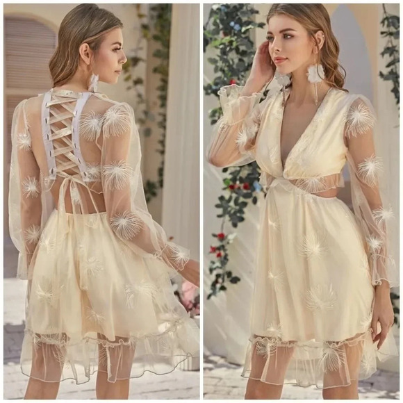 NEW! Mesh Floral Lace Plunging Neck Cut Out Lace Up Dress - Picture 6 of 8